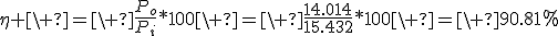 \eta \ =\ \frac{P_o}{P_i}*100\ =\ \frac{14.014}{15.432}*100\ =\ 90.81%