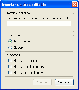 Panel para insertar áreas editables