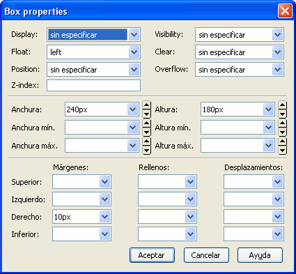 Panel de propiedades de caja