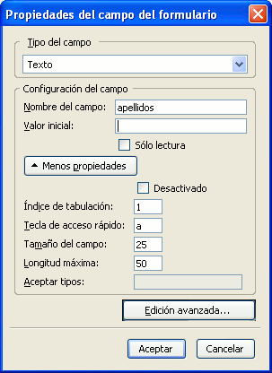 Panel de introducción de campos de formulario