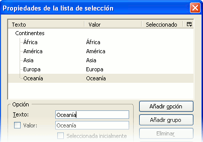 Introducción de ítems de un menú o lista