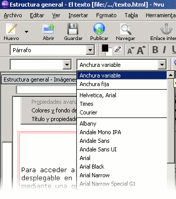 Desplegable de tipos de letra en la 2ª barra de formato