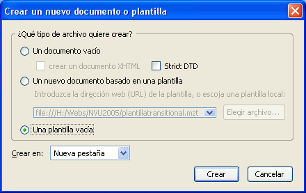 Panel de creación de nuevo documento con la opción Plantilla vacía marcada