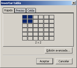 Panel de insertar tabla - Modo rápido