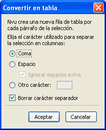 Panel de opciones para convertir texto en tabla