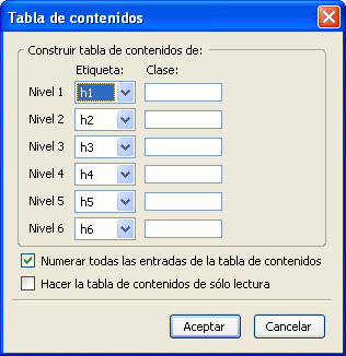 Panel para crear una Tabla de contenido con la cabeceras H1,H2,.. del documento