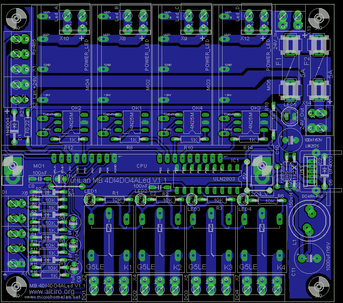 PCB uHLan MB 4DI4DO4ALed V1.1 de la central domótica