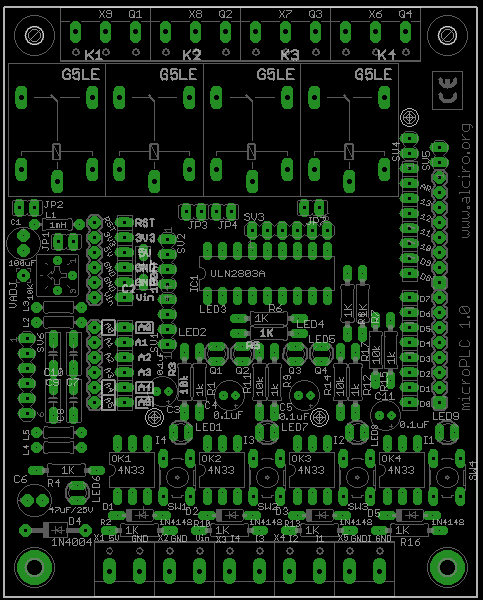 Placa PCB cara de componentes del micro PLC para arduino