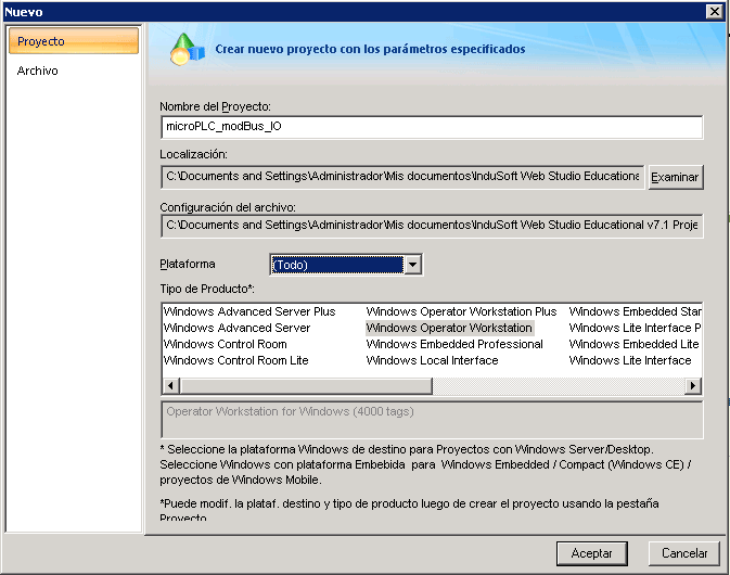 Indusoft SCADA, crear un nuevo proyecto
