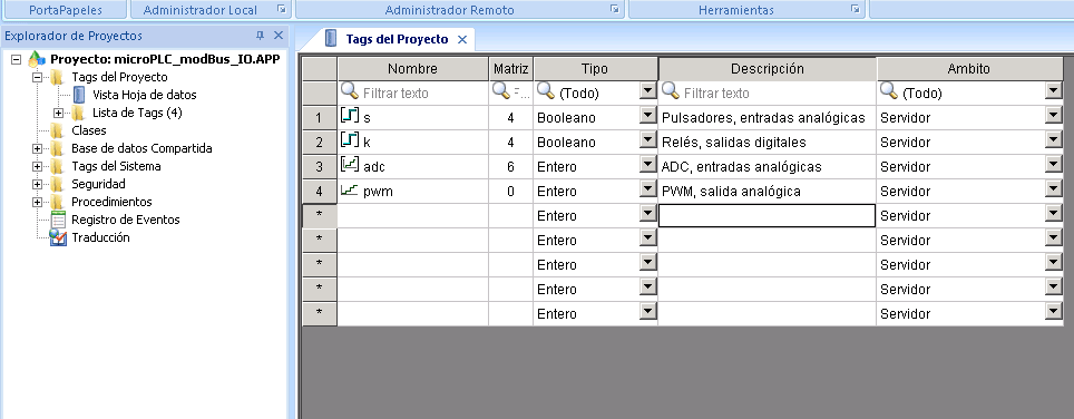Indusoft SCADA, tags del proyecto microPLC para arduino