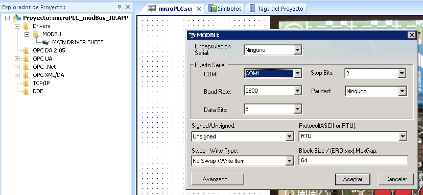 Indusoft scada, parámetros del driver MODBUS