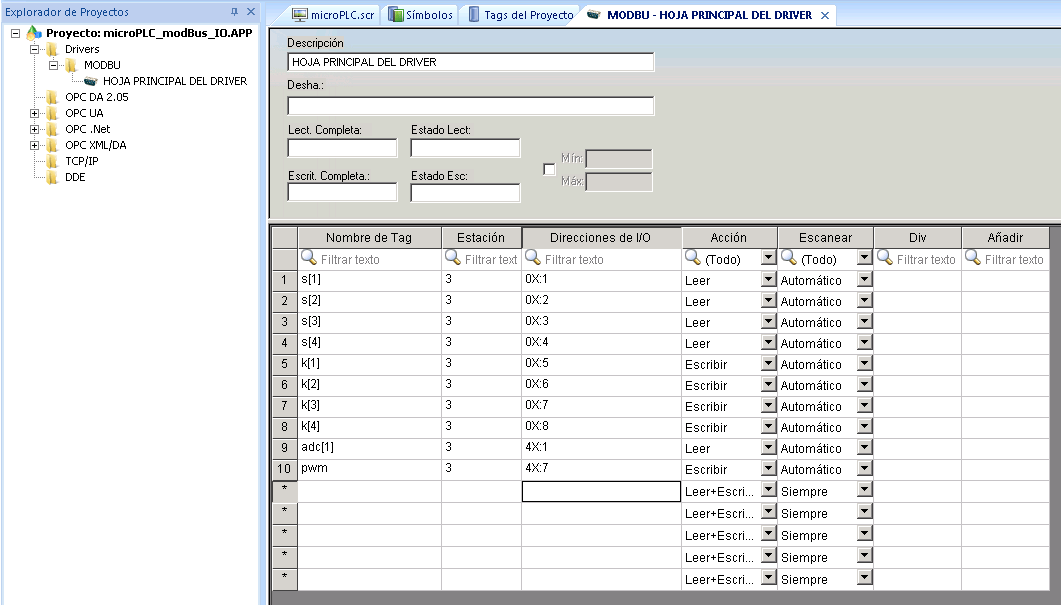 Registros MODBUS para el microPLC con arduino
