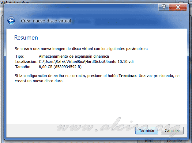 VirtualBox, resumen del asistente para la creación del disco duro virtual