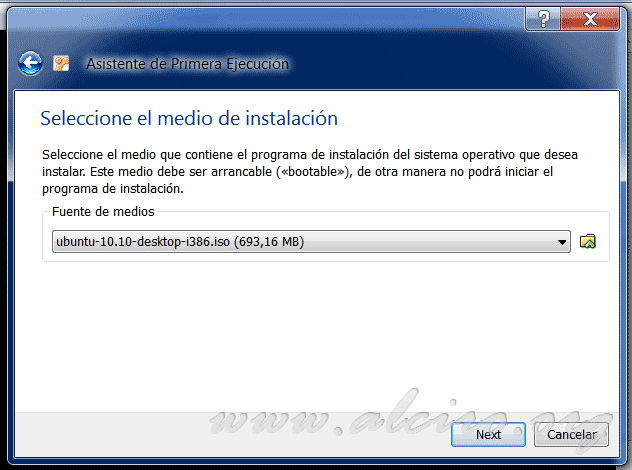Ubuntu 10.10, selección del medio de instalación