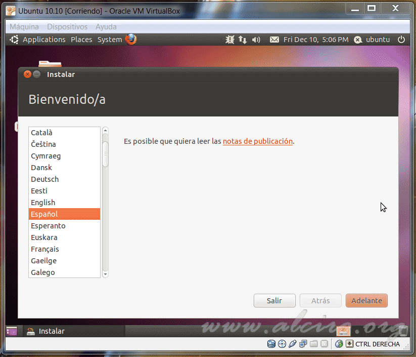 Ubuntu 10.10, selecionar el idioma de instalación