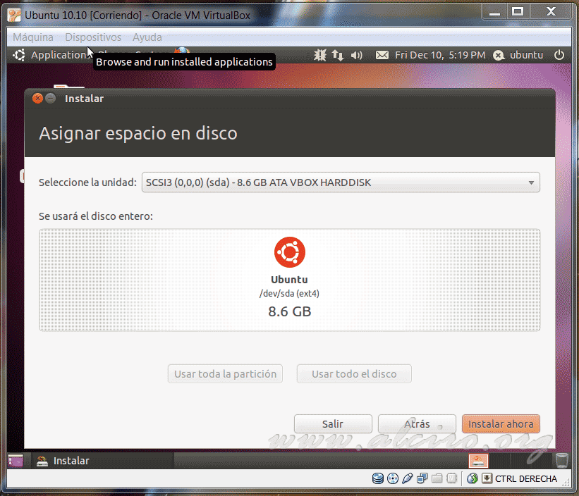 Ubuntu 10.10, asignar el espacio en disco