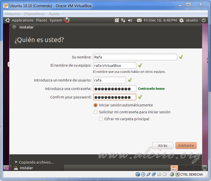 Ubuntu 10.10, nombre de usuario y contraseña